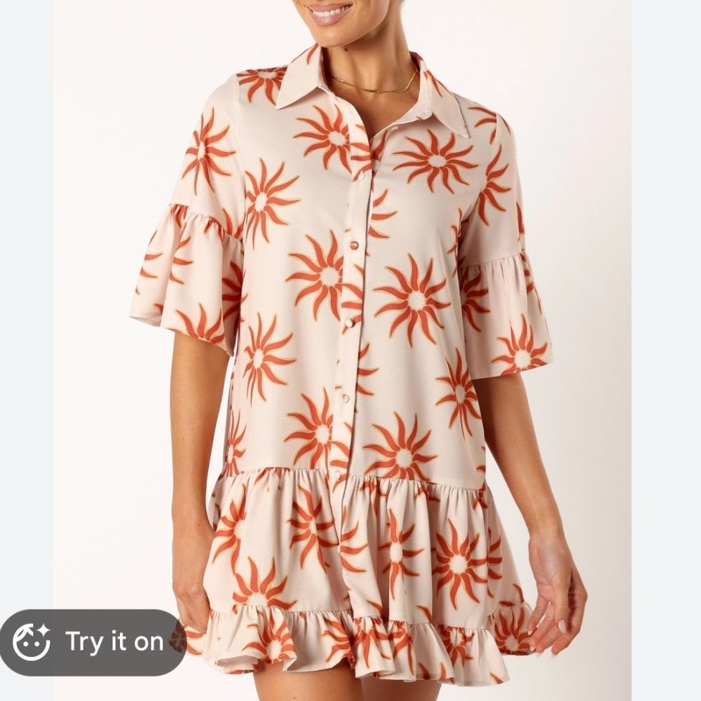 Petal & Pup Ren Soleil Sun Print Mini Dress Ruffle Bell Sleeve Cream Orange Med.